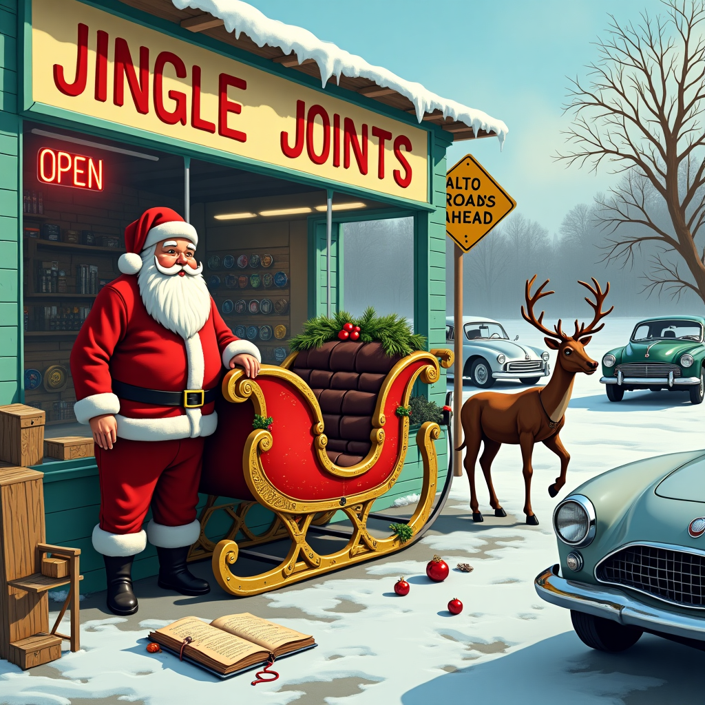 In this imaginative and quirky birthday card scene, the viewer is transported to a bustling automotive parts shop, humorously named "Jingle Joints Auto Parts." The shop has a retro 1950s aesthetic, complete with a neon "Open" sign flickering in the window and a prominent "Roads Ahead" road sign planted in the gravel parking lot. The scene is set in the crisp light of a winter morning, with a light dusting of snow on the ground. Outside the shop, Santa Claus, in his iconic red suit and fur-trimmed hat, stands with a perplexed expression next to his ornate, vintage-style sleigh. The sleigh is a spectacle, adorned with golden trim and holly wreaths, but currently it’s propped up on a jack with one runner clearly askew. Scattered around the sleigh are various automotive tools: a lug wrench, a couple of tire levers, and an old, dog-eared repair manual opened to a page titled “Holiday Conveyance Maintenance.” Meanwhile, reindeer with jingle bell harnesses contentedly munch on hay in a makeshift pen off to the side, occasionally peering curiously at the commotion. To the right, a small queue of classic cars—like a vintage Volkswagen Beetle and a sleek, silver Jaguar E-Type—waits patiently, their drivers watching the repair work with amused expressions. The car parts shop’s large window reveals a cozy interior stocked with colorful hubcaps and shiny, chrome parts, adding a metallic gleam to the otherwise festive, rustic scene. This clever mash-up of holiday and automotive elements tells a whimsical story of Santa’s pit stop in the midst of his festive duties, ensuring his sleigh is in top shape for the birthday celebrations ahead.
Generated with these themes: Automotive parts shop with Roads Ahead sign, Santa and sleigh, Cars, and Santa on sleigh pulled up outside car parts shop getting sleigh fixed.
Made with ❤️ by AI.