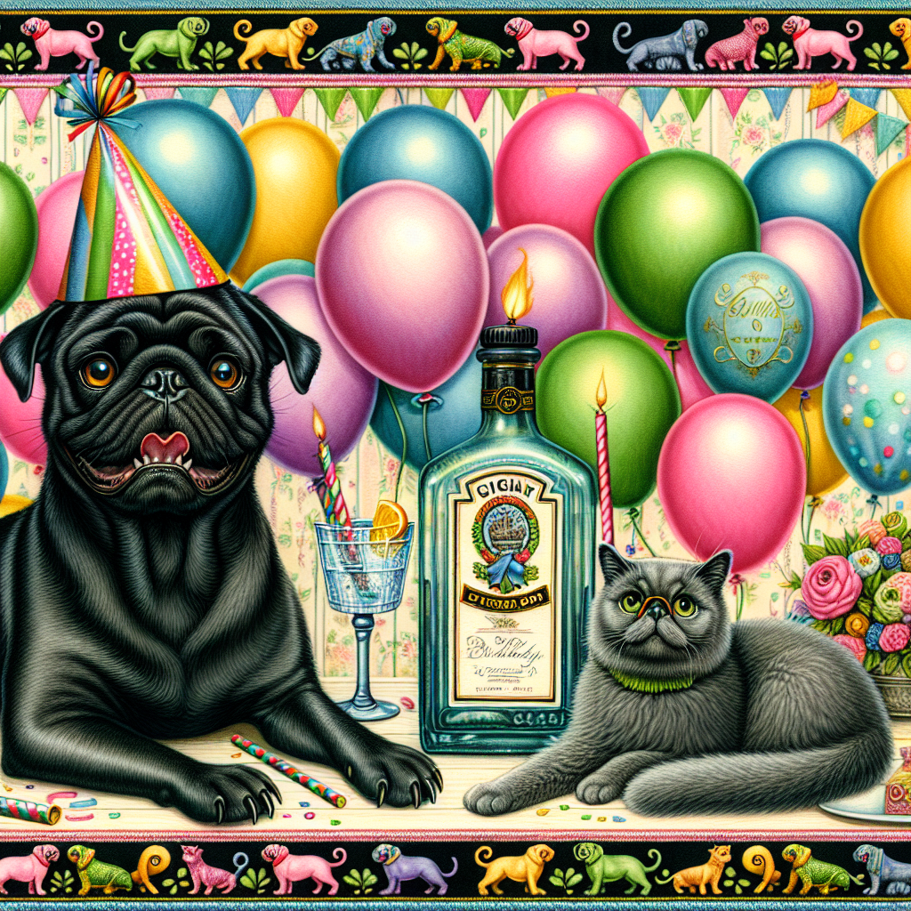 Depict a birthday celebration scene featuring a jubilant black pug with gleaming eyes and an off-center party hat, surrounded by an assortment of brilliantly colored balloons. In the same scene, a majestic black cat is resting casually, its tail curled tastefully around its body and a petite party hat adorning its head. The background is embellished with an elegant gin bottle, decorated with a festive ribbon, serving as a centerpiece. At the borders of the illustration, playful patterns of multicolored crocs evoke a sense of enjoyment and joviality to honor the birthday event.
Generated with these themes: Black pug, Black cat, Gin, and Crocs.
Made with ❤️ by AI.