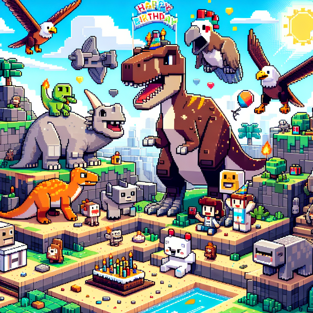 An engaging and comical cartoon birthday scenario set in a prehistoric era, blending the styles of voxel-based video games with ancient environments. Pixel-like characters are depicted in fun interactions with large, strong dinosaurs and various creatures from ancient times. Overhead, cartoonish avian creatures add a layer of energy to the scene, while an assortment of affable fauna socializes with the celebrants. The backdrop showcases vibrant, cubic landscapes reminiscent of a certain sandbox video game, dotted with structures influenced by popular kid-friendly online games, all festooned with festive birthday embellishments.
Generated with these themes: Minecraft , Roblox, Dinosaurs , Prehistoric creatures, Birds, and Animals.
Made with ❤️ by AI.