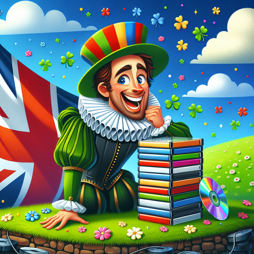 Create a whimsical birthday illustration featuring a joyful Elizabethan-era playwright, grinning amidst a backdrop split between a vibrant British flag and a lush green field dotted with Irish shamrocks. He is wearing a colorful birthday hat on his head. At his feet, a stack of generic DVDs are placed, ready for a celebratory marathon, offering a blend of cultural icons and festive amusement.
Generated with these themes: Shakespeare , Union Jack, Ireland , and Netflix.
Made with ❤️ by AI.