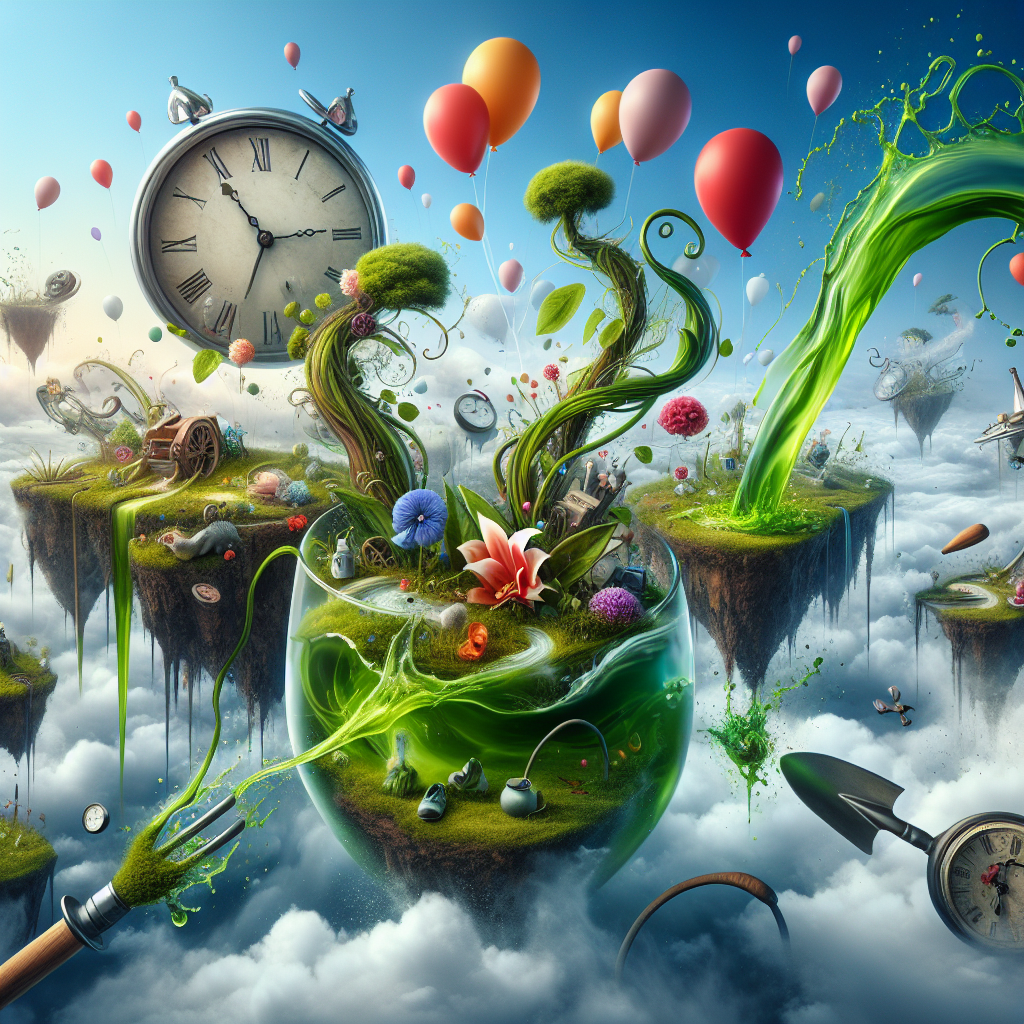 Imagine an ethereal landscape where time seems to melt away, represented by liquefying clocks. Above, islands seem to defy gravity as they float mysteriously through the air. In the heart of this scene is a fanciful birthday celebration. A miniature, vibrant garden brimming with green shoots and captivating flowers appears to grow from the brim of a wine glass, mixed with a splash of red wine standing as a metaphor for life's energy. Balloons bob along the tendrils of sprawling vines, adding an element of fanciful whimsy. Garden tools lie in disarray amidst the flourishing foliage, making an intriguing juxtaposition between creation and celebration.
Generated with these themes: Red wine, and Gardening .
Made with ❤️ by AI.
