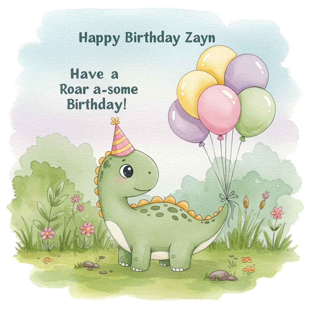 At the top of the Watercolor Style image, gracefully inscribe, "Happy Birthday Zayn."

Imagine a whimsical scene in soft watercolors where a charming baby dinosaur is sporting a party hat. This adorable dino is happily frolicking in a lush, prehistoric landscape filled with vibrant greens and splashes of colorful wildflowers. Around the dino, several balloons in pastel shades float gently in the breeze, tied to its tiny tail. 

In the background, a watercolor sky blends soothing blues and purples, giving a dreamy feel. Nestled among the scenery, a playful message reads, "Have a Roar-some Birthday!" 

This delightful image captures the joy of a dino-themed birthday in a cute, lighthearted manner, perfect for a birthday greetings card.
Generated with these themes: Dinosaur , dino boy birthday, and .
Made with ❤️ by AI.