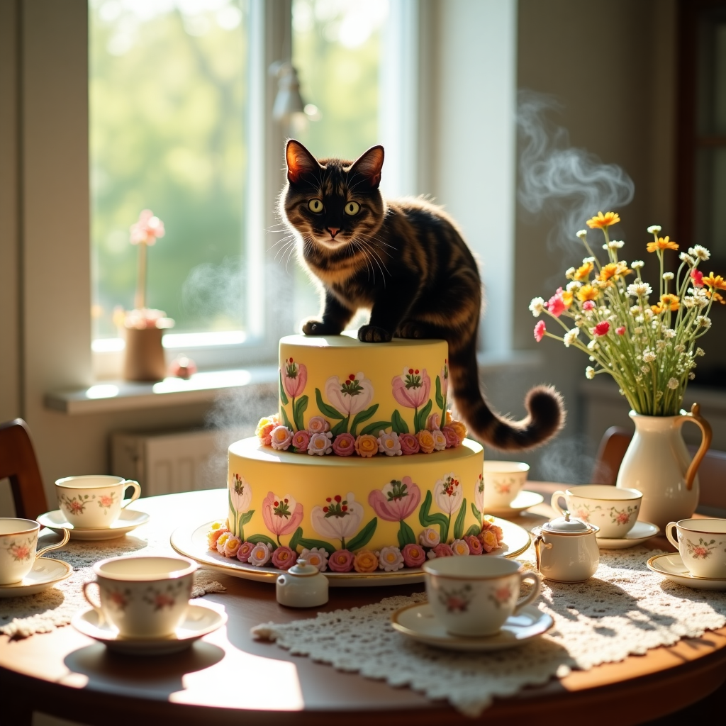 Tortoiseshell cats, Birthday cake, Cups of tea, and Birthday Card