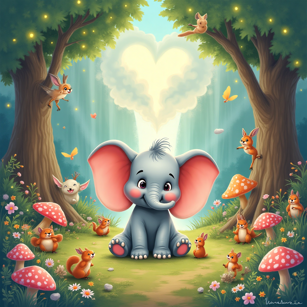 At the bottom of the Illustration Style image, "Congratulations Raech on the birth of your beautiful baby girl Ellroy!"

**Image Description:**

Create a magical, Disney-inspired scene that bursts with charm and warmth, perfect for welcoming a new baby. Picture a hand-drawn illustration with a gentle, whimsical atmosphere. The center of the image features an adorable baby elephant with oversized ears and twinkling eyes, reminiscent of Dumbo, sitting joyfully in a lush, enchanted forest. Surrounding the elephant, a variety of colorful woodland creatures—playful squirrels, curious bunnies, and friendly birds—gather in celebration.

The forest is filled with vibrant flowers, glowing mushrooms, and twinkling fairy lights, casting a soft, warm glow. A gentle waterfall cascades in the background, its soothing sound suggested through the imagery. In the sky above, a cluster of fluffy clouds forms the shape of a heart, symbolizing love and new beginnings.

In a small, artistic font near the bottom, the text "Welcome to Your Magical Adventure, Ellroy!" is playfully incorporated, adding an extra touch of enchantment to this delightful scene.
Generated with these themes: Disney, and .
Made with ❤️ by AI.