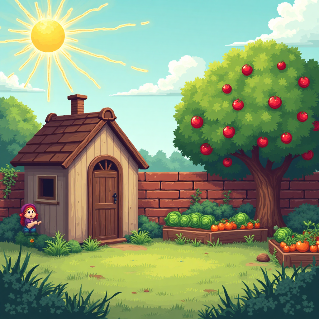**At the top of the Pixel Art Style image, add the text:** "Happy Birthday Daddy"

---

**Image Prompt:**

In an 8-bit pixel art style, illustrate a charming garden scene perfect for a dad who loves gardening. At the heart of the scene, feature a small, quaint garden shed with a slightly askew roof, lending it character. Surround it with a large lawn peppered with patches of wild, whimsically tall grass. 

To the right, include a magnificent apple tree, pixelated red apples dangling invitingly from its branches. At the base of the tree, a raised bed vegetable patch overflows with pixelated veggies like bright green cabbages, orange carrots, and plump tomatoes. 

Behind it all, an old red brick wall, with a few ivy tendrils creeping over, completes the scene. In the sky above, a blocky sun shines down with radiant, pixelated beams. For a touch of humor, add a tiny pixelated gnome peeking from behind the shed, holding a miniature garden fork.
Generated with these themes: , and .
Made with ❤️ by AI.