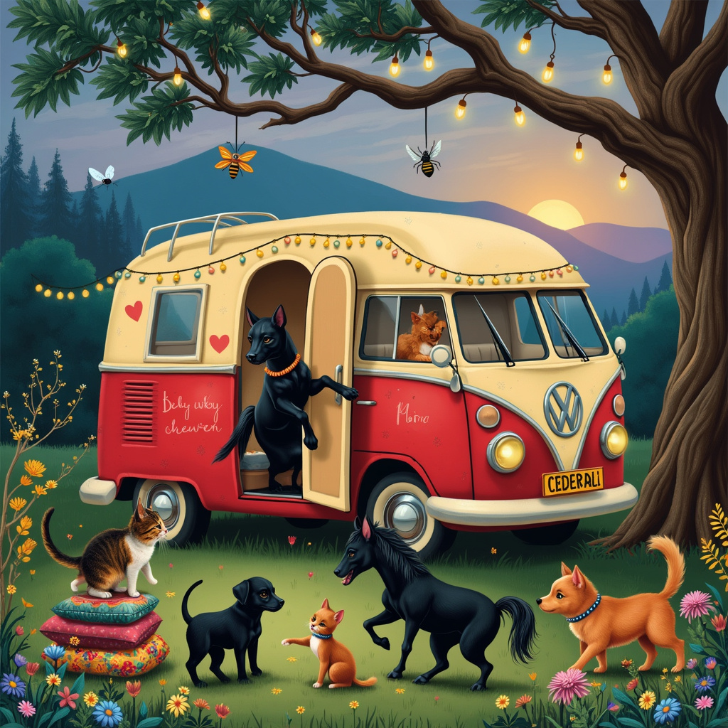 The front cover of this birthday greetings card is a bustling and whimsical tableau set in a lush, overgrown meadow under a twilight sky tinged with hues of purple and deep blue. At the heart of the scene is a vividly painted vintage campervan in candy-apple red and cream, decked out with fairy lights that glimmer softly. The campervan's door is open, and inside, a small tabby cat lounges on a stack of colorful, bohemian-patterned cushions, its eyes half-closed in a contented slumber.

In the foreground, a majestic black horse and a brown horse with a flowing mane are playfully rearing up on their hind legs, their expressions animated as if they're engaging in a friendly spar. To the right of them, a small, black labrador puppy and a slightly larger black labrador, perhaps its older sibling, are entangled in an exuberant game of tug-of-war with a well-worn, rainbow-colored rope toy.

Off to the left, near a gnarled, ancient oak tree with sprawling branches, a gothic twist emerges. Perched on the low-hanging limb is a black and white hairy cat, adorned with a tiny, yet elaborate, bat-wing harness and a collar with a tiny skull charm. Its eyes gleam mischievously as it bats at a dangling spider-shaped ornament.

Below the tree, the ginger and white cat is engaged in an adorable game of chase with a bumblebee, its paws darting up and down as it tries to catch the buzzing insect. Close by, a cluster of wildflowers in varying shades of yellow, pink, and blue adds a splash of color to the green expanse.

The details are rich and vivid: the campervan's retro decals, the glossy coat of the horses, the playful innocence in the puppies' eyes, and the gothic flair of the black and white cat. All these elements come together to create a charming, intricate, and slightly eccentric birthday scene that's brimming with life and whimsy.
Generated with these themes: Horses, Black and white hairy cat, Black labrador, Campervan, Gothic, Ginger and white cat, Small tabby cat, and Small black labrador.
Made with ❤️ by AI.