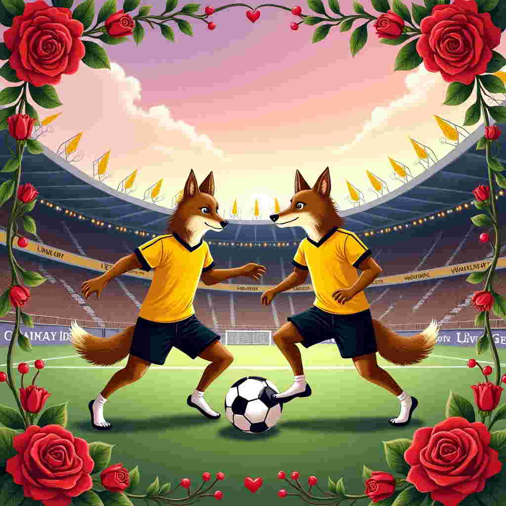 The front cover of the Valentine's Day greeting card is a delightful fusion of love, football, and the spirit of the Wolverhampton Wanderers. At the heart of the scene is a bustling football pitch, where a charming hand-drawn illustration captures a lively moment. 

In the foreground, two anthropomorphic wolves, dressed in classic Wolverhampton Wanderers kits, are depicted. Their jerseys are bold gold with black accents, mirroring the team’s colors, and their shorts are sleek black. The wolves are skillfully kicking a football between them, which is a classic black and white pentagon design. One wolf has its paw playfully outstretched towards the ball, while the other seems poised to pass.

Behind them, a vibrant football stadium is packed with enthusiastic fans. The stands are illustrated with an array of gold and black flags waving energetically, and some banners prominently feature the word “Clacker” in bold, playful letters. The background is filled with small, intricate details like scarves and foam fingers, each in the team's colors, creating a lively and intricate pattern reminiscent of Beardsley's complex line work.

Above the pitch, a sky stretches across the card, painted in a romantic twilight gradient from soft pink to deep purple, speckled with delicate stars. The stadium lights cast a gentle glow over the scene, adding a touch of magic reminiscent of Parrish's luminous scenes.

The edge of the pitch is surrounded by a beautifully detailed wrought iron fence, entwined with delicate roses, their petals a vivid crimson. These roses echo the theme of love and Valentine’s Day, providing a charming juxtaposition with the energetic football scene.

In the corners of the card, decorative floral motifs inspired by Beatrix Potter’s delicate illustrations frame the scene, incorporating subtle hearts and footballs into the twisting vines. The overall style is a delightful blend of Quentin Blake’s expressive lines and Norman Rockwell’s storytelling detail, creating a charming, romantic yet sporty Valentine's Day greeting card.
Generated with these themes: Wolverhampton Wanderers , and Football.
Made with ❤️ by AI.