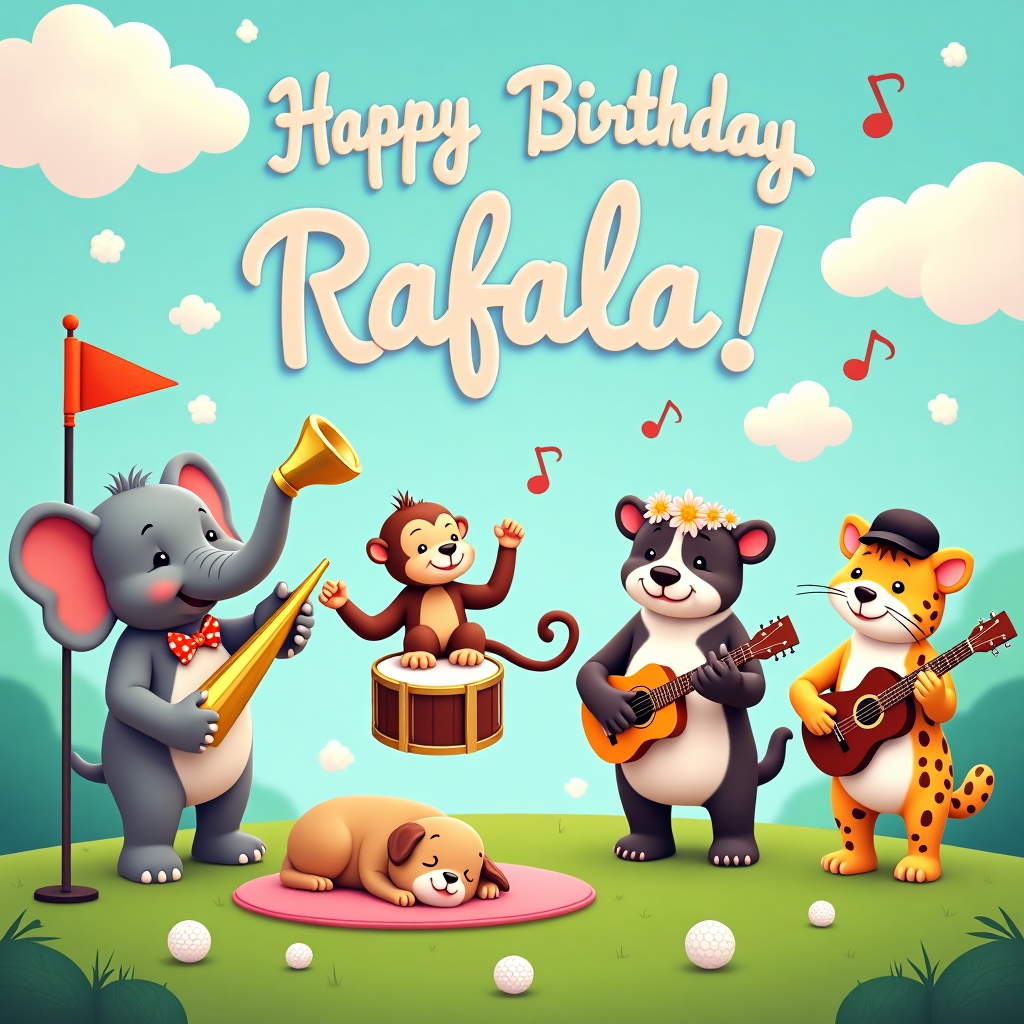 On the front cover of the birthday greeting card, we have an enchanting scene set on a vibrant golf course, where an adorable animal music band is getting ready to perform a whimsical concert just for Rafaela. To the left, a cheerful elephant stands proudly, holding a shiny golden trumpet with its trunk, adorned with a colorful bow tie around its neck. Next to the elephant, a cheeky monkey is perched on top of the golf flag pole, playfully beating a set of tiny drums strapped around its waist with small drumsticks. The monkey wears a miniature golfer's cap, adding a playful touch.

To the right, a contented cow with a flower crown atop its head is strumming a ukulele, its hooves surprisingly dexterous. Beside the cow, a stylish leopard, sporting a sleek black bowler hat, plucks a bass guitar with its nimble paws. In the foreground, a charming pug is nestled cozily on the green grass, snoozing peacefully with musical notes floating from its snoring mouth, surrounded by a cozy golf towel.

In the sky above, fluffy white clouds spell out "Happy Birthday Rafaela" in a gentle, swirly script, the letters embellished with pastel hues reminiscent of cotton candy. A cheerful sun peeks through, casting a warm glow over the lively scene. Around the scene, scattered golf balls with smiley faces add an extra touch of whimsy. The band is clearly in high spirits, ready to serenade Rafaela with their unique blend of tunes, as the scene encapsulates the joy of a musical birthday celebration on an unconventional stage.
Generated with these themes: a cute music band with an elephant, a monkey, a cow, and a leopard, on a golf course and a pug sleeping .
Made with ❤️ by AI.
