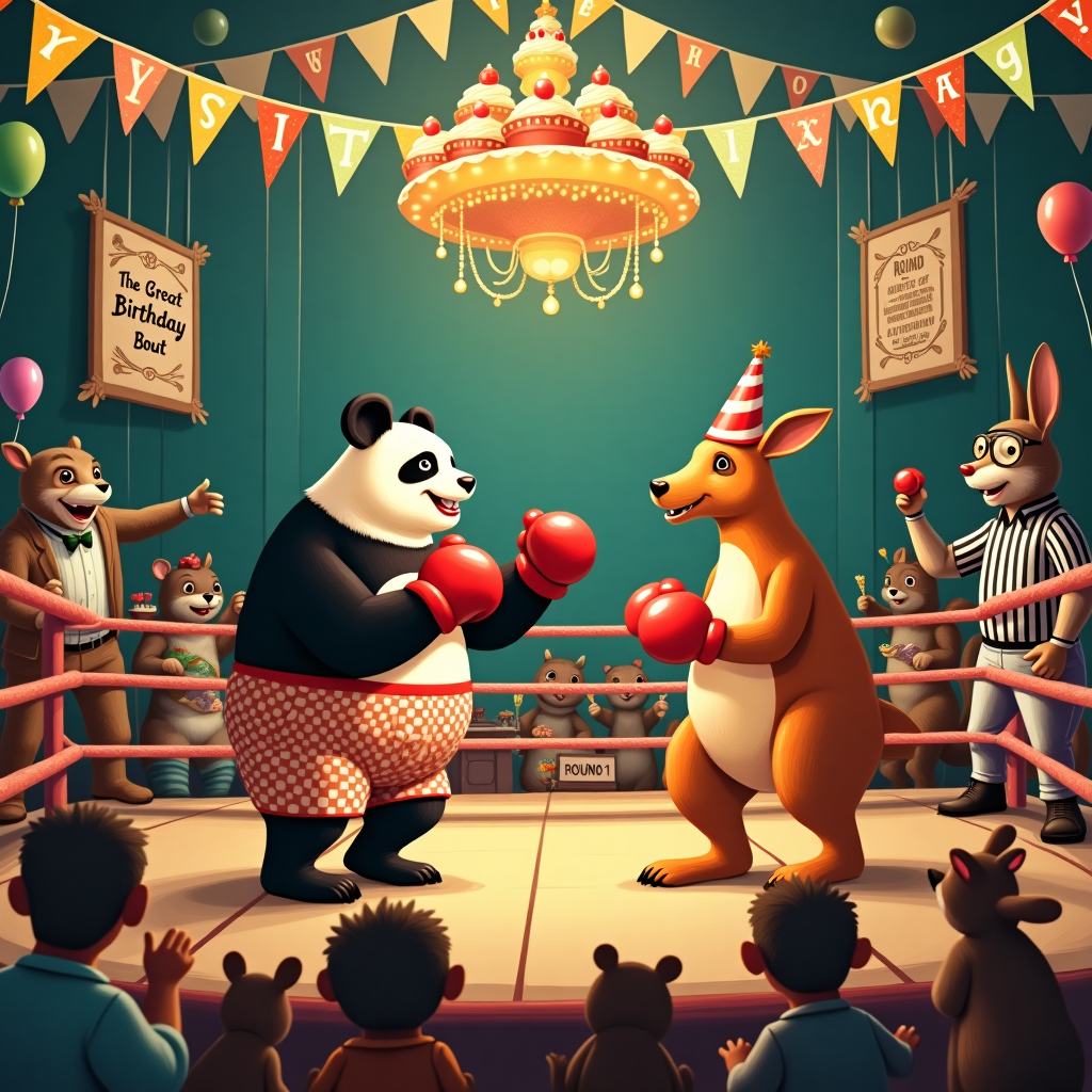 Imagine a bustling boxing ring that has been whimsically transformed into a birthday party extravaganza. At the center of this lively scene, two charismatic and cartoonish boxers face off, their gloves comically oversized and wrapped in festive ribbons. One boxer, with a cheeky grin, is a rotund, jovial panda in polka-dot trunks, and the other, a spunky kangaroo wearing a birthday party hat tilted jauntily atop its head. Around the ring, the audience is a motley crew of forest animals, reminiscent of Beatrix Potter's charming characters, cheering and waving pennant flags that read "Happy Birthday" in various whimsical fonts.

The ropes of the boxing ring are adorned with strings of colorful balloons that bobble with each imaginary punch. Above, a chandelier fashioned from glowing cupcakes illuminates the scene with a warm, sugary light, casting playful shadows. Behind the boxers, a referee stands with an exaggerated, astonished expression, his black-and-white striped shirt comically stretched as he holds an enormous birthday cake, balanced precariously in one hand, ready to present it at the end of the match.

In the background, a poster inspired by Aubrey Beardsley's intricate linework is plastered on the wall, depicting an elegant Art Nouveau-style design that advertises "The Great Birthday Bout." A refreshment stand to the side of the ring, tended by a wise old owl with spectacles, offers a spread of party snacks—candied apples, rainbow-colored popcorn, and fizzy drinks—all housed in an ornate Maxfield Parrish-inspired stall, rich with deep blues and golds.

The scene is lively and full of small, delightful details: a mischievous squirrel sneaking a cupcake from the chandelier, a hedgehog holding a 'Round 1' sign made of leaves, and a rabbit snapping pictures with an old-fashioned camera. All these elements come together to create a unique, humorous narrative that combines the thrill of a boxing match with the joy and celebration of a birthday party, captured in a style inspired by the storytelling genius of Maurice Sendak and the playful chaos of Quentin Blake.
Generated with these themes: Boxeo.
Made with ❤️ by AI.