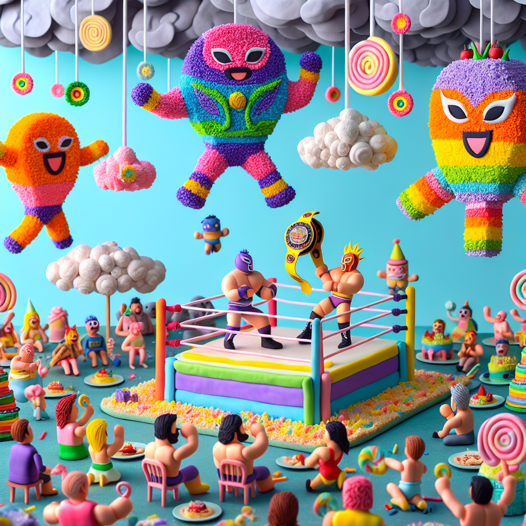 Craft an unusual cartoon-style scenario of a birthday celebration with a distinct wrestling theme. Place a focal point of a ring in the middle of the scene, where wrestlers shaped like vibrant, fantastical balloons in flamboyant attire compete. Embrace a whimsical aesthetic with a sky consisting of clouds composed of varying shades of pastel confectionery including licorice rainbows adorning the sky. Construct robust birthday cake characters of diverse genders and descents, who enthusiastically applaud the spectacle. Include garlands of twisted party streamers that sway in a peculiar rhythm, guided by an enormous pinata designed with wrestling motifs floating above.
Generated with these themes: Pro-wrestling.
Made with ❤️ by AI.