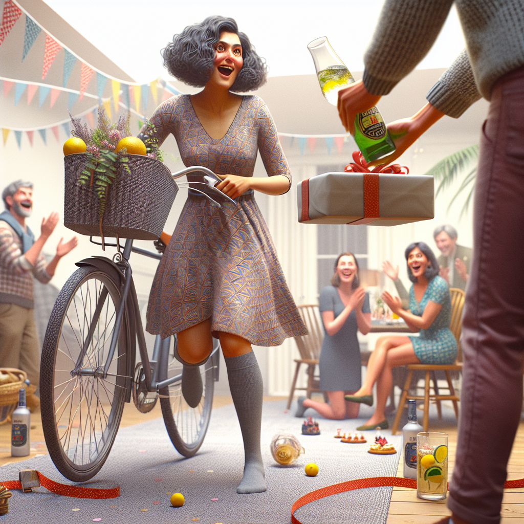 Indian Woman on a bike, Orla Kiely's pattern dress with long socks, and Gin and tonic Birthday Card