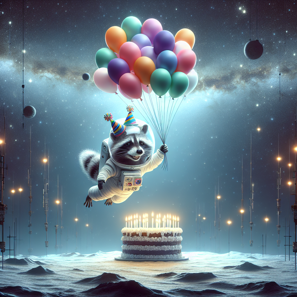 Create a whimsical birthday-themed scene placed in the cosmos. The chief character in this scene is a delightful raccoon dressed as an astronaut, floating serenely among the stars and celestial bodies. The raccoon dons a festive birthday hat on top of its helmet, and it has many vibrant balloons tied to its back, adding a vibrant splash of color to the visual narrative. In the backdrop, there's an indistinct space station radiating a gentle glow. The silhouette of the space station mimics a birthday cake adorned with lit candles, infusing the icy cosmic vista with a sense of comfort and jubilation.
Generated with these themes: Space, and Racoon.
Made with ❤️ by AI.