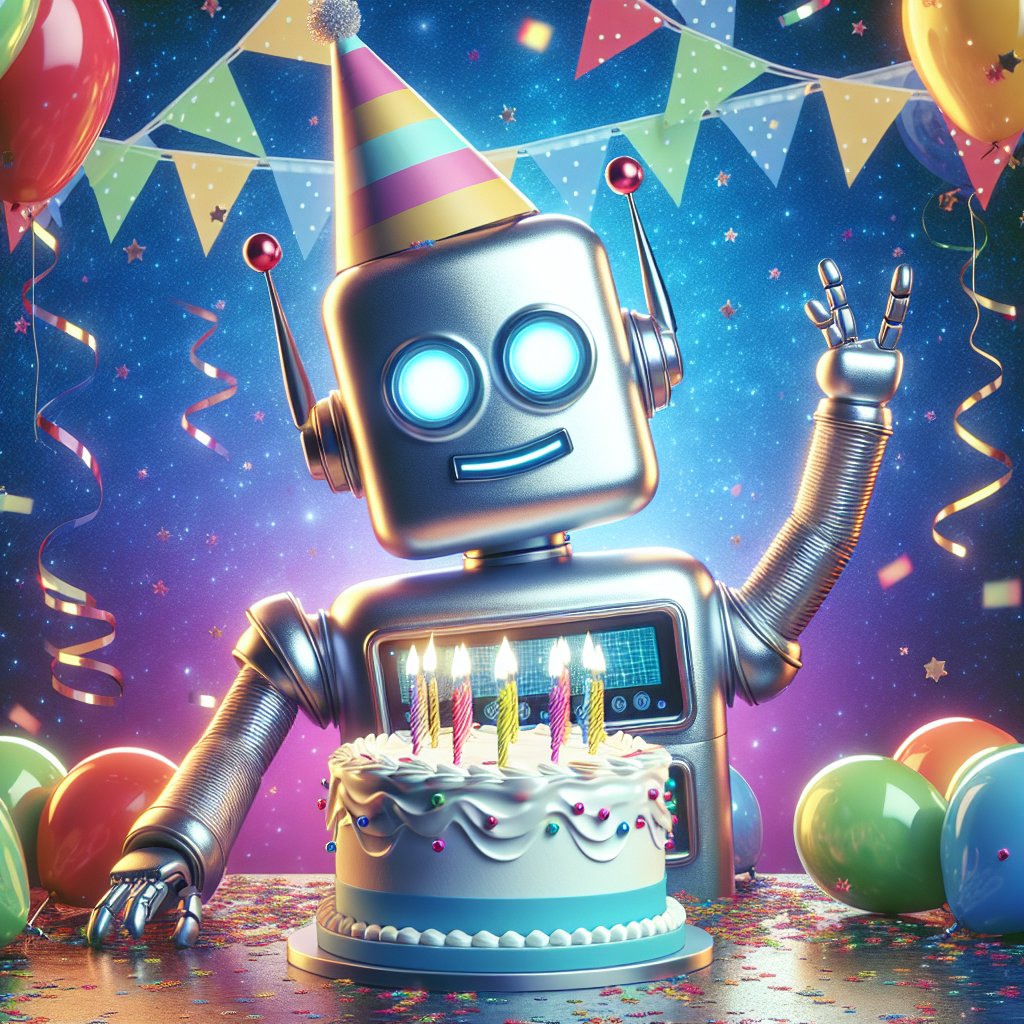 Create an image of a cheerful robot with a friendly face, decked out in a colorful party hat. The robot is seen amidst festive adornments such as vibrant balloons and streamers, signifying a hearty celebration. A sizable birthday cake is positioned in front of the metallic robot, which has its arms raised high in a joyous gesture. The backdrop consists of a night sky, filled with glistening stars, along with scattered confetti setting the mood for a delightful birthday bash.
Generated with these themes: Robot.
Made with ❤️ by AI.