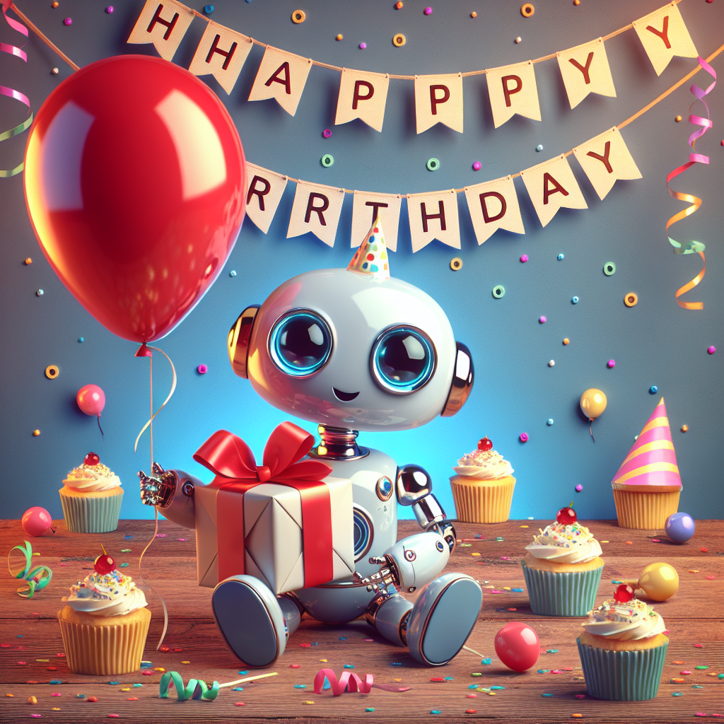 Create an uplifting image of a small, adorable robot sitting joyfully in the middle of the frame. Its eyes are illuminated and it is holding a striking red balloon in one claw while clutching a wrapped gift in the other. Positioned behind the robot is a banner spelling out 'Happy Birthday' in buoyant letters, and the backdrop is filled with a scattering of cupcakes and colorful party decorations to cement the festive atmosphere.
Generated with these themes: Robot.
Made with ❤️ by AI.