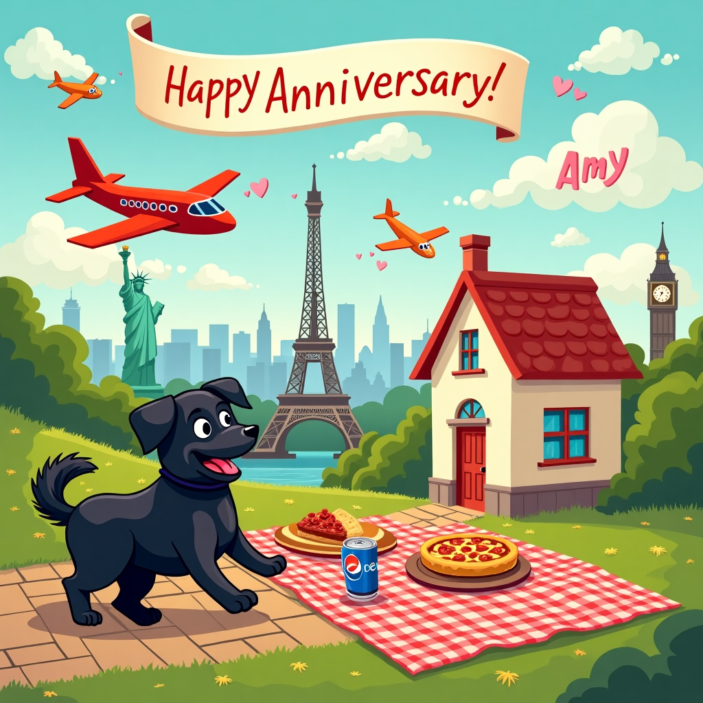 In the whimsical landscape of the greeting card's cover, imagine a charmingly quirky scene bustling with activity. At the forefront, a pair of adorable cartoon dogs—a black Cavapoo and a black Cockapoo—playfully romp around. They are chasing each other's tails with expressions of pure joy, their little ears flapping in the breeze. Behind them, a fantastical cityscape unfurls, where the iconic Eiffel Tower and the towering Statue of Liberty share the skyline, cleverly intermingling elements of Paris and New York in a delightful fusion.

Above, a vibrant sky hosts a trio of cartoon airplanes, each one carrying a banner streaming behind. The largest banner, in bold, friendly letters, spells out "Happy Anniversary, Amy!" as it dances through the air. Puffy clouds shaped like hearts and the names of famous cities, such as London, drift lazily alongside the airplanes, adding an extra layer of charm.

In the middle ground, a quaint house sits cozily, its windows warmly glowing. In front of the house, a picnic table is adorned with a quirky assortment of international treats: a perfectly baked Bakewell tart, a can of Pepsi Max, a plate of sizzling baked beans, a deliciously cheesy pizza, and a slice of traditional Madeira cake. Each item is rendered with cartoonish exaggeration, making them pop with color and detail.

The bottom of the scene is lined with a patchwork of vibrant green grass and cobblestone, suggesting a melding of city parks and quaint European streets. To tie it all together, in the far distance, the silhouette of Big Ben peeks through, blending into this global anniversary celebration. The scene is a visual feast, inviting Amy into a world where beloved cities and tasty treats unite with playful pets and personal greetings to create a whimsical, memorable anniversary card.
Generated with these themes: Paris, New york, Aeroplanes, Black cavapoo, Black cockapoo, House, London, Bakewell tart, Baked beans, Pizza, Madeira, and Pepsi max.
Made with ❤️ by AI.