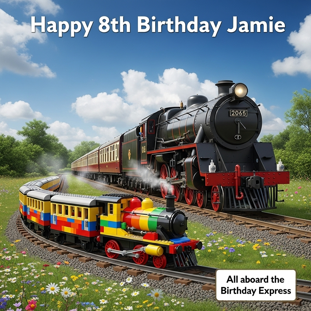 Lego trains, steam trains, outdoors, and Birthday Card