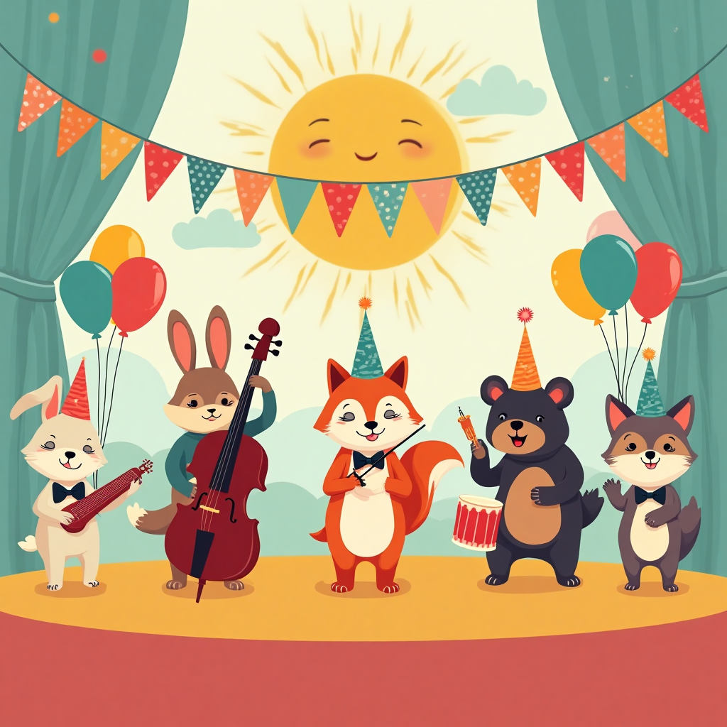 At the top of the Vector Style image, place the text: **Happy birthday Polly**.

**Image Description:**

Create a lively scene featuring a cute animal orchestra performing on a vibrant stage. Imagine a whimsical array of animals like a bunny on a cello, a fox playing a trumpet, and a bear cheerfully drumming. They are surrounded by colorful balloons and a festive banner draped above them. Each animal is dressed in charming little bow ties and party hats, adding to the celebration's joy. In the backdrop, a large, smiling sun beams down warmly, enhancing the delightful ambiance. The whole scene is set in a clean, flat-vector style with solid color blocks, capturing the essence of a cheerful birthday party.
Generated with these themes: Performing , and .
Made with ❤️ by AI.