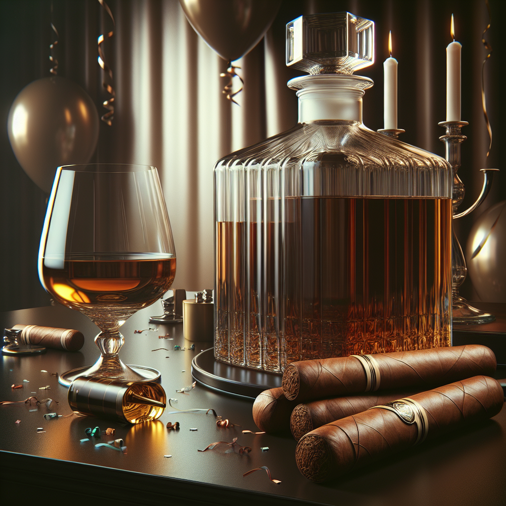 Create a detailed illustration that represents a contemplative mood during a birthday celebration. Rich and deep hues should dominate this scene. Near the center should be hand-rolled cigars, resting on a sleek, ebony surface, subtly emitting a rich aroma in the image. Next to the cigars, place a crystal decanter, which is partly filled with golden whiskey. Sitting close to the decanter should be a single glass, empty and appearing as though it's ready for a celebratory toast. In the background, include subdued confetti and balloons to suggest a birthday celebration. Despite these festive elements, maintain an earnest and introspective atmosphere throughout.
Generated with these themes: Cigars, and Whiskey.
Made with ❤️ by AI.