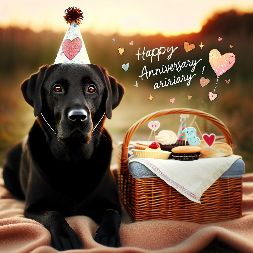 Create an image of a cozy anniversary setting featuring an adult Labrador Retriever with a black coat. The Labrador is sitting calmly next to a picnic basket with its brown eyes looking towards the viewer with a loving gaze. This invites them to join in on the celebration. The dog's tail is gently wagging and it sits on a soft blanket filled with various anniversary treats. A festive, colorful party hat is placed on its head giving it a celebratory vibe. There are cartoon hearts floating above the scene, symbolizing the love and affection associated with the occasion. The image is bathed in the warm glow of a serene evening sky transitioning into dusk.
.
Made with ❤️ by AI.
