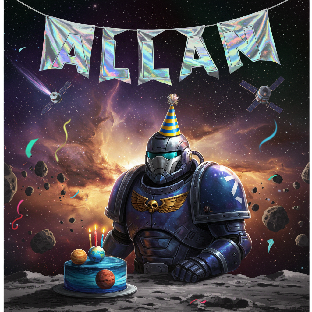 Front and center, picture a robust Space Marine clad in gleaming armor, reminiscent of polished chrome with iridescent hues of deep navy and vibrant silver. His helmet is crowned with a small party hat, the typical cone shape adorned with spiraling stripes of bright yellow and cosmic blue. The visor, a sleek, tinted black, reflects tiny twinkling stars, capturing the essence of an endless galaxy.

In the background, a sprawling vista of the cosmos stretches across the card, filled with swirling nebulas in vivid shades of purple and orange, like smudged watercolor paints meeting in the inky blackness of space. Scattered asteroids drift by, their rocky surfaces highlighted by the light of distant stars.

At the Space Marine's feet, a space-themed birthday cake sits atop a rugged, lunar-like surface. The cake is round, with layers designed to mimic planets—one layer a marbled blue and white like Earth, another a deep red resembling Mars, and the top, a smooth, golden layer representing the sun, topped with a single candle glowing a bright, burning orange.

In the starry sky above, a banner is strung between two floating satellites. It's a bold, metallic fabric with a holographic sheen that shimmers as if made from liquid metal, catching every light and hue from the space around it. The banner boldly declares "Allan" in large, block letters that appear to be crafted from comet tails, each letter trailing wisps of white and light blue.

Surrounding the scene, smaller elements such as floating confetti made from glowing stars, and colorful streamers like mini auroras, add a festive touch, drifting slowly in the zero-gravity environment. The overall composition is dynamic, a collision of celebration and cosmic adventure.
Generated with these themes: Space Marine.
Made with ❤️ by AI.