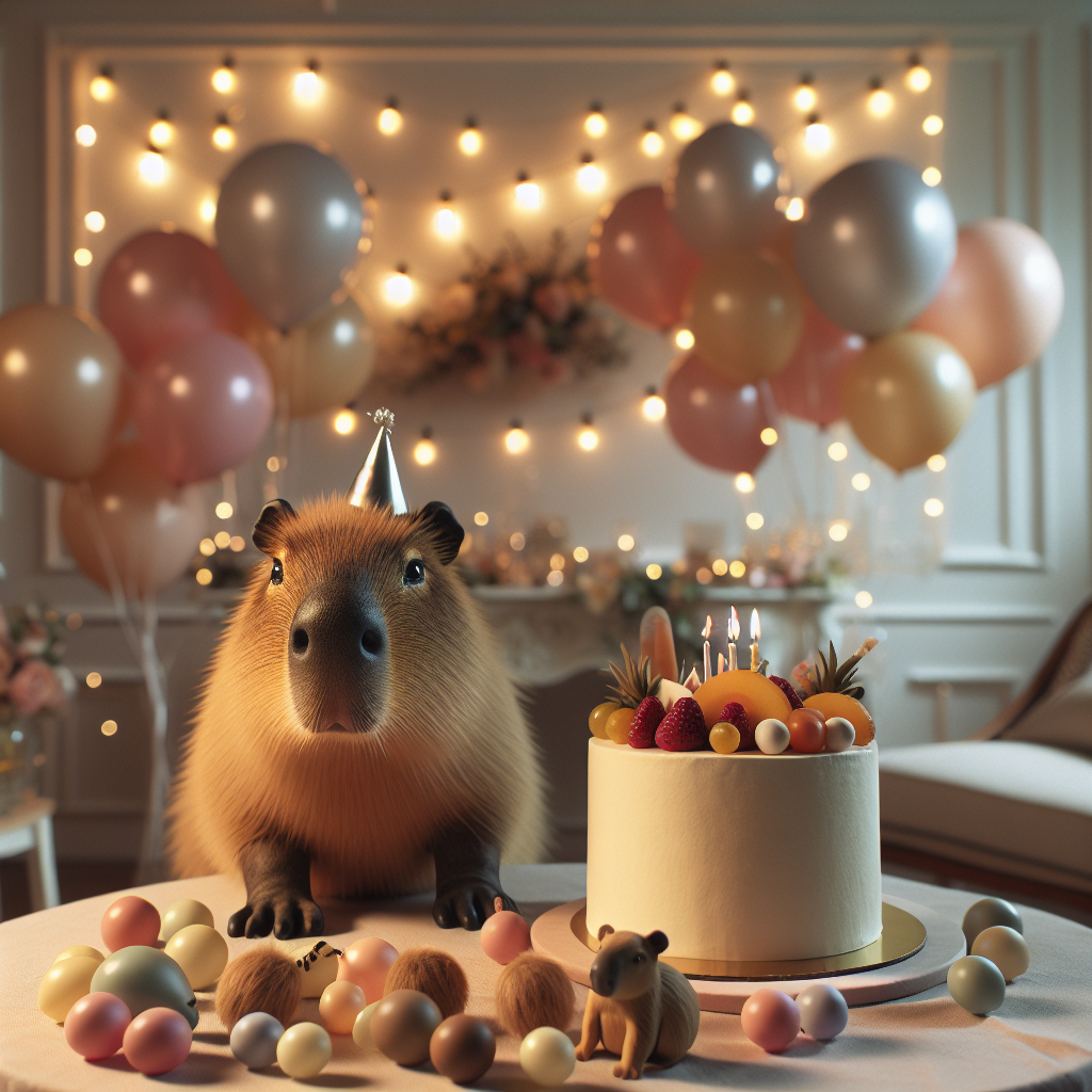 Visualize a room that's prepared for a lovely birthday celebration. The centerpiece is a realistic-looking capybara. The capybara is surrounded by an array of balloons in colors of blush and cream. It's placed next to a well-crafted cake that's topped with marzipan fruits. The capybara's soft, lifelike features are emphasized by a tiny party hat resting on its head. An atmospheric backdrop made up of twinkling string lights creates a comfy illumination across the whole setting.
Generated with these themes: Capybara.
Made with ❤️ by AI.