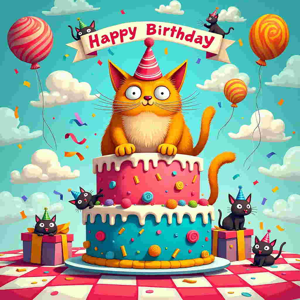 The birthday card scene is a vibrant explosion of color and whimsy, perfect for cat lovers and humor enthusiasts alike. In the center of the illustration is an oversized cartoon cat, sporting a comically large party hat with polka dots and a wacky, spiraled pom-pom on top. The cat's eyes are exaggeratedly wide, with one eye slightly larger than the other, giving it a playful, mischievous look. Its whiskers are animated and seem to be bouncing with excitement.

The cat is sitting on top of a giant, multi-layered birthday cake, each tier decorated with wild, swirling patterns reminiscent of a psychedelic dreamscape. The cake layers alternate in vibrant hues of electric blue, bubblegum pink, and sunny yellow, with dripping frosting and sprinkles that seem to defy gravity.

In the background, there’s a swirling, animated sky filled with whimsical, fluffy clouds. The clouds form playful shapes like fish, mice, and yarn balls, giving a nod to the cat's playful nature. Among the clouds, there’s a banner stretched across the sky with the name "Julia" written in bold, quirky lettering. The letters are formed by a chain of colorful balloons, each balloon shaped like a different letter, and they gently sway as if caught in a gentle breeze.

Surrounding the cake, a group of smaller cartoon cats, each with their own exaggerated features, are caught in various comical poses: one is tangled in streamers, another is playfully batting at a dangling piñata shaped like a mouse, and a third is peeking out from a gift box with only its eyes and ears visible.

The ground is a lively checkerboard of bright red and white tiles, and scattered around are party elements like oversized confetti, whimsical party horns, and half-unrolled rolls of vibrant crepe paper. To complete the scene, a few cartoon birds in party hats are playfully perched on the cat's tail, adding to the light-hearted chaos.
Generated with these themes: Cat funny.
Made with ❤️ by AI.