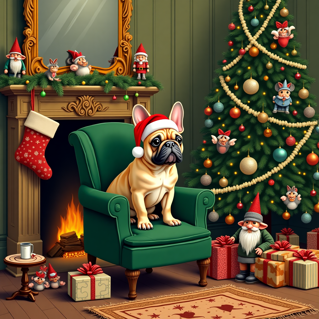 In this delightfully whimsical Christmas scene, the focal point is a charming blonde French bulldog, perched on a velvet green armchair that looks as though it was borrowed from a Victorian parlor. The bulldog, with its large bat-like ears perked up, wears a slightly oversized Santa hat that droops over one eye, adding a touch of comic elegance. In front of the armchair, a beautifully adorned Christmas tree towers, its branches laden with an eclectic mix of vintage baubles, twinkling fairy lights, and strands of popcorn garland, reminiscent of a Norman Rockwell painting. The ornaments are a delightful jumble of tiny wooden nutcrackers, sparkling glass birds, and felted mice dressed in Victorian attire, hinting at Beatrix Potter’s influence. Scattered around the tree’s base are neatly wrapped gifts in patterned paper, each topped with elaborate bows and tags with intricate Aubrey Beardsley-inspired ink drawings.

The backdrop features a grand fireplace with an elaborately carved mantel, possibly drawn from Edward Gorey’s love of detail. Stockings hang from the mantel, each with a unique design, one resembling a quilted patchwork reminiscent of Maurice Sendak's eclectic style. Above the fireplace, an oversized ornate mirror reflects the warm glow of the room, dotted with reflections of Maxfield Parrish-like golden light.

The floor is a patchwork of a braided rug, and to the side, a small round table holds a plate of half-eaten cookies and a glass of milk, a nod to Quentin Blake's knack for capturing everyday chaos. Peeking from behind the tree is a small, mischievous gnome with a red pointed hat and a long white beard, crafted in the imaginative vein of Arthur Rackham. The whole scene is bustling with detail and tells a story of a cozy, slightly topsy-turvy Christmas Eve, with our charming French bulldog blissfully unaware that it is the true star of this festive tableau.
Generated with these themes: blonde french bulldog with christmas hat.
Made with ❤️ by AI.