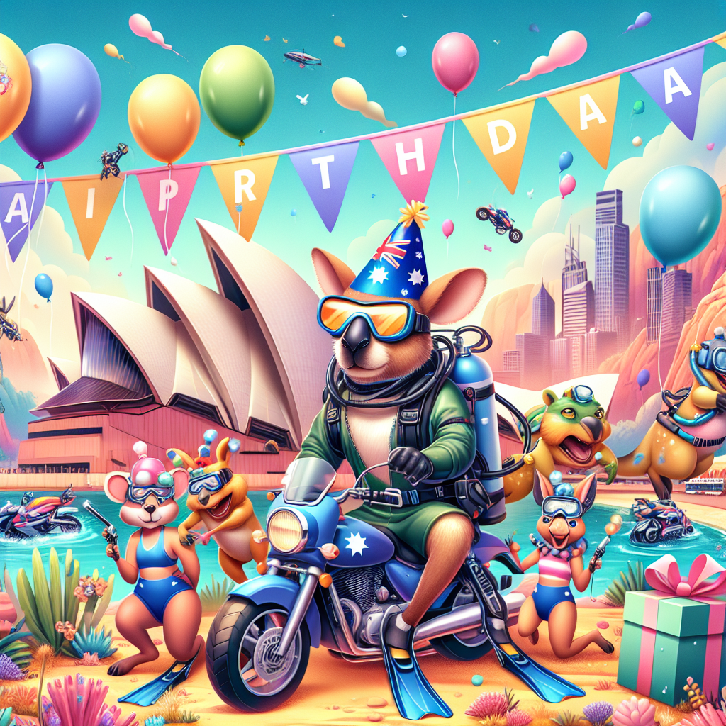 Depict a vibrant scene flushed with pastel hues and adorned with animated ornaments, placed in an archetype cartoonish setting symbolizing Australia including renowned landmarks such as the Sydney Opera House and Uluru. Enjoy the sight of birthday banners flowing gently in the breeze, accompanying a display of cartoon-styled creatures, particularly native to Australia, like Kangaroos, Koalas, and Wombats, dressed in scuba diving attire and riding motorcycles around the vibrant landscape. Look out for a bubbly kangaroo, wearing a festive birthday cap, leading this pack of fun-loving creatures with compact oxygen tanks and flippers as part of their costumes. Topped with balloons picturing motorcycles and scuba masks, this jovial scene sets the perfect adventurous birthday theme.
Generated with these themes: Motorbikes, Diving, and Australia .
Made with ❤️ by AI.