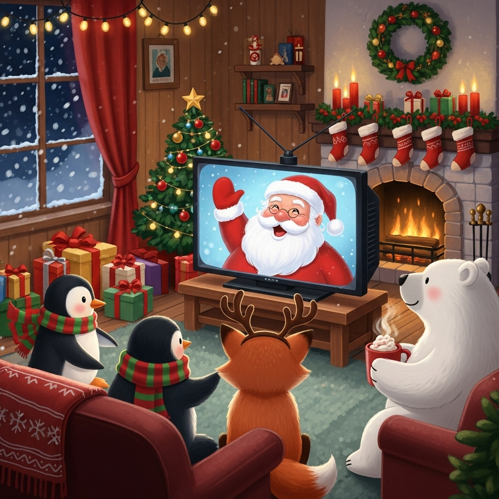 Animals Santa on tv, and Christmas Card