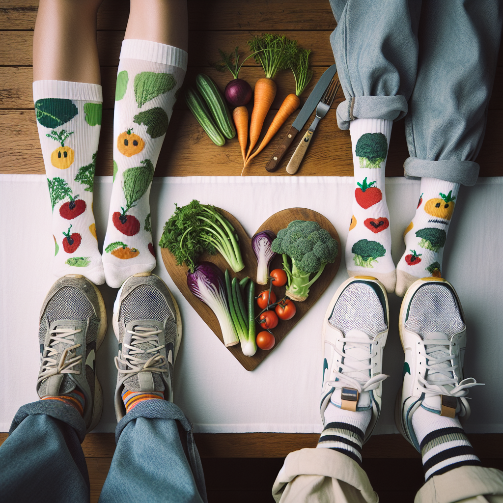 Create an image that illustrates an intimate anniversary scene. The noticeable elements are a couple's feet adorned in complementary socks with a vegetable pattern, implying their shared humor and affinity for nature. Their feet are subtly peeking out from under the table. Beside them, fresh garden vegetables have been skillfully arranged in the shape of a heart on a wooden cutting board. This heart shape symbolizes their nourishing and blossoming love. Each person, an Asian man and a Black woman, wears cherished trainers that have experienced wear and tear, pointing to the many shared paths and adventures they have embarked on together.
Generated with these themes: Vegetables, Trainers, Socks, and Feet.
Made with ❤️ by AI.