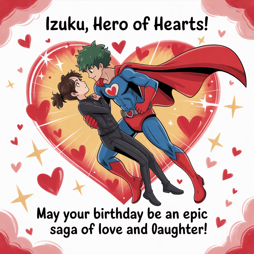 At the top of the image, "Izuku, Hero of Hearts!"

At the bottom of the image, "May your birthday be an epic saga of love and laughter!"

- In the center of the image, create a hand-drawn illustration of a superhero-themed romantic scene. Izuku, clad in a dashing superhero outfit, is dramatically sweeping his love interest off their feet. The scene is set against a whimsical backdrop of floating hearts and stars, with a warm, expressive color palette adding to the romance.
Generated with these themes: Hero, and .
Made with ❤️ by AI.