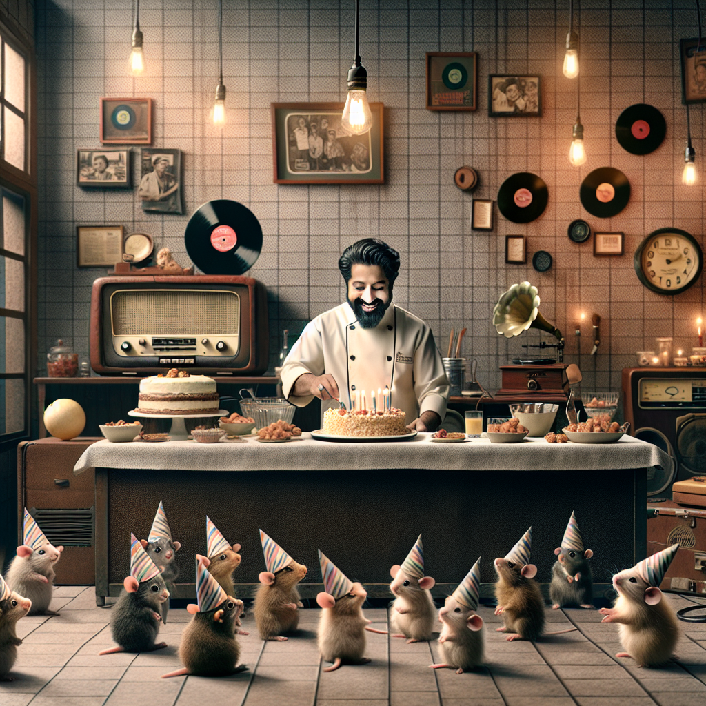 Imagine an endearing birthday scene that perfectly merges the homely comfort of a kitchen with the bustling environment of a vintage radio studio. The backdrop teems with retro radio equipment and old records, evoking a wave of nostalgia. The central figure, a South Asian male chef in traditional attire, is creatively cooking amidst an adorable group of small animals adorned in party hats. As the cake is decorated live on-air, every eye in the room, human and animal alike, watches in anticipation, contributing to an atmosphere imbued with celebration and the charming allure of culinary arts.
Generated with these themes: Radio studio, and Cooking.
Made with ❤️ by AI.