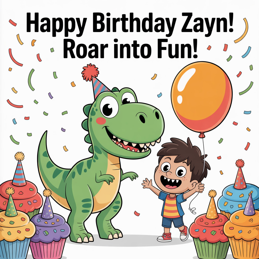 At the top of the image, "Happy Birthday Zayn! Roar into Fun!" 

- In the center of the image, create a whimsical cartoon scene featuring a playful dinosaur wearing a birthday hat. Next to him, a young dino boy is joyfully holding a large birthday balloon, his eyes wide with excitement as he prepares to celebrate in dino-style. 

- Surround the scene with colorful, oversized cupcakes and a shower of confetti, emphasizing the vibrant, festive mood.
Generated with these themes: Dinosaur , dino boy, and .
Made with ❤️ by AI.