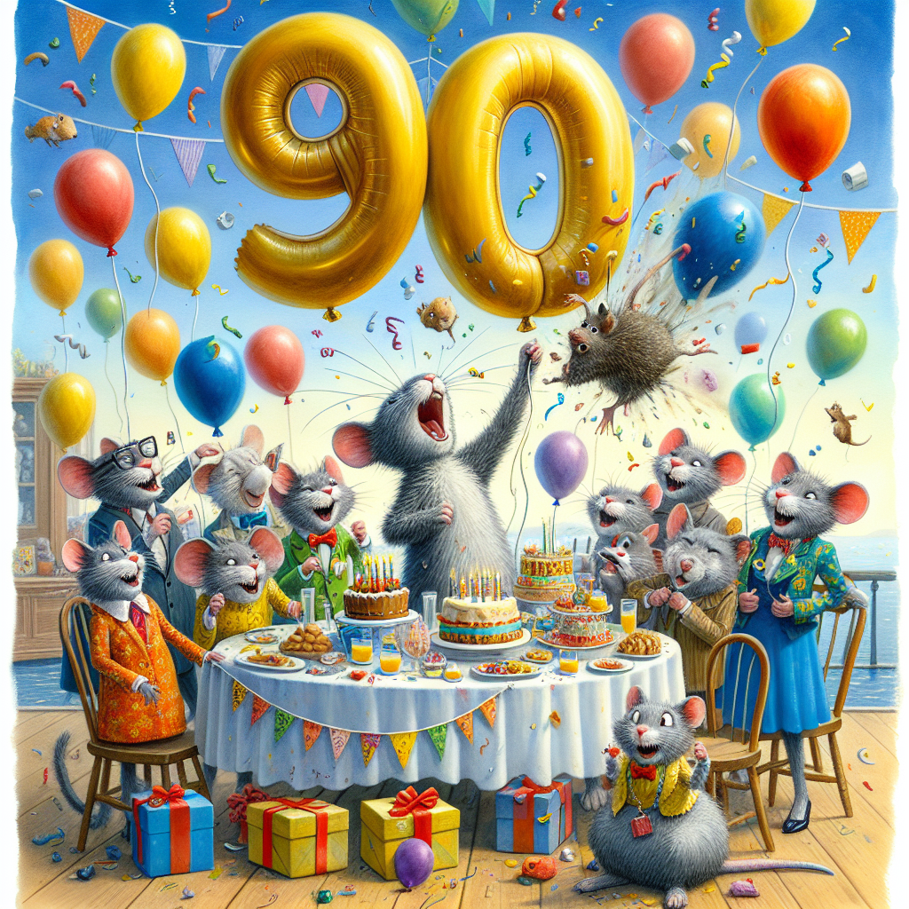 In this whimsical illustration, a jovial squad of talking characters is organizing an unexpected birthday celebration. The primary focus of the artistic mise-en-scene is an enormous number 90 balloon hovering over a table filled with presents and delightful party food. The characters, which include a beaming feline and a jubilant canine, have donned festive clothes and are joyously tossing lively-hued balloons into the sky. Adding an unexpected dose of humor to the festive mood, a hilarious rodent character is seen in the backdrop, unintentionally bursting one of the balloons.
Generated with these themes: 90.
Made with ❤️ by AI.