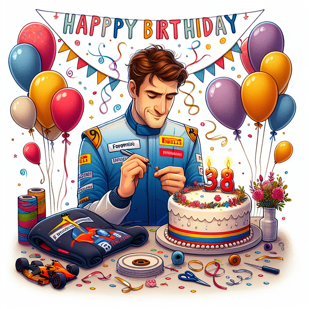 Create a whimsical birthday illustration of a 38-year-old Caucasian man with warm brown hair meticulously sewing a quirky patch themed around forensic science onto a racing suit. The scene is bursting with celebration, surrounded by lively balloons of various shapes and a scrumptiously decorated birthday cake. Delicate streamers and vibrant confetti envelop the setting, enriching the festive atmosphere, subtly indicating the man's distinct passion for both forensic science and F1 racing.
Generated with these themes: CSI, Sewing , Brown hair, 38 year old, and F1.
Made with ❤️ by AI.