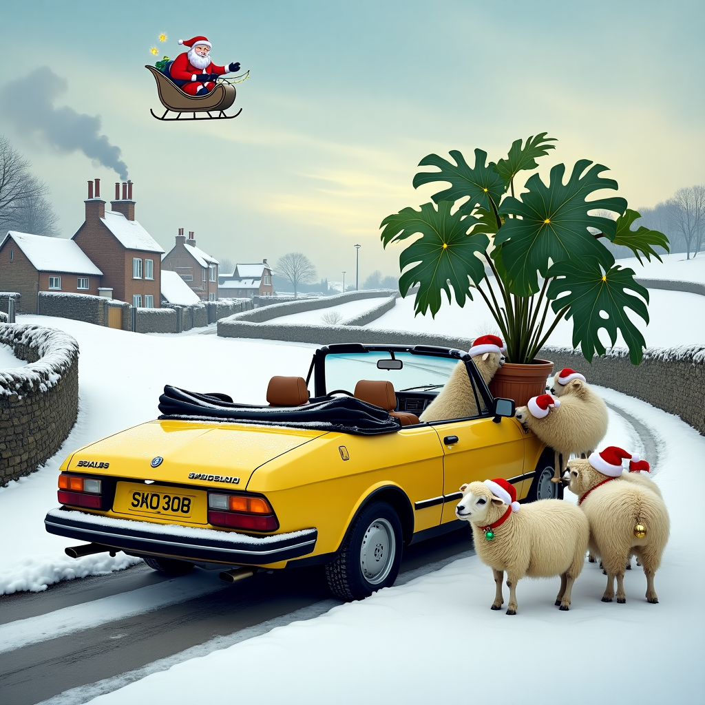 In the whimsical winter wonderland of the Yorkshire Dales, picture a rolling landscape blanketed with snow, where stone fences curve and twist, delineating the hills. In the foreground, a vibrant yellow Saab 900 turbo convertible, its top down, is parked askew on a snowy lane. Snowflakes are gently collecting on its dashboard and rear seats, giving it a quirky, festive touch. The car's boot is open, revealing a huge, beautifully potted Monstera plant, its glossy leaves adorned with tiny strings of Christmas lights twinkling merrily. Nearby, a group of woolly sheep, wearing tiny Santa hats and jingling bells, cluster around the car, curiously nibbling at the Monstera's leaves. One particularly adventurous sheep is attempting to climb into the driver's seat, its hooves leaving adorable prints on the yellow paint. The backdrop features iconic dry stone walls and a quaint, snow-covered village with smoke curling out of chimneys, silhouetted against the soft, early evening sky. In the sky, a cartoonish Santa Claus flies past in his sleigh, winking down at the scene below. This comedic tableau captures the essence of a Yorkshire Christmas, with its quirky charm and unexpected festive cheer.
Generated with these themes: Yorkshire Dales, Yellow Saab 900 turbo convertable, Monstera, Sheep, and Christmas .
Made with ❤️ by AI.
