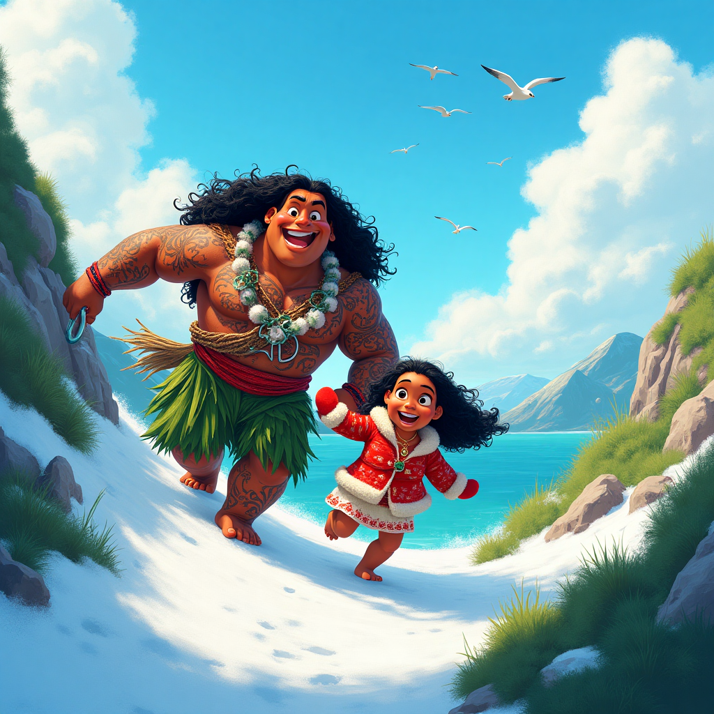 **Image Prompt:**

Picture a vibrant and whimsical illustration of Maui and Moana, the beloved characters from Disney's "Moana," embarking on a playful adventure up Mount Snowdon. Maui, with his larger-than-life personality and animated facial expressions, is humorously trying to navigate a steep, snowy incline, his magical fishhook hilariously tangled in a nearby bush. Moana, ever the intrepid explorer, is enthusiastically leading the way with a cheeky grin, bundled in a colorful winter coat and mittens. The background is a riot of bright colors, with vivid blues of the sky, lush greens of the mountain, and crisp whites of the snow. A small flock of seagulls circles playfully above, adding to the sense of fun. 

**Text Caption:**

"Climbing mountains and making memories... Happy Father’s Day!"
Generated with these themes: .
Made with ❤️ by AI.
