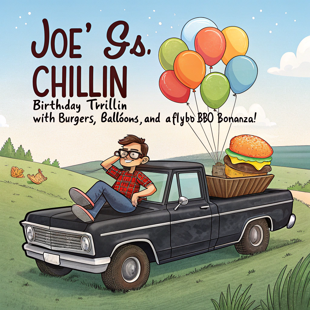 At the top of the image, "Joe’s Grillin’, Chillin’, and Birthday Thrillin’ – With Burgers, Balloons, and a Flyby BBQ Bonanza!"

– In the center of the image, illustrate Joe sitting relaxed in the back of a vintage 1970 black Ford pickup parked in the middle of a sunny, wide-open country field. He’s wearing round glasses and flipping burgers on a ridiculously oversized smoking BBQ grill that’s clearly not road legal.  

– Surrounding the truck are colorful birthday balloons, some tied to the mirrors and others hilariously drifting upward.

– An F-16 fighter jet zooms dramatically overhead in the sky, leaving a smoky trail in the shape of “HBD” as cows in the distance watch in stunned amusement.

– Add humorous touches like a "Chef of the Year" apron, a grill fork stuck in a birthday cake, and a cooler labeled "Birthday Fuel" full of sodas and sparkling candles.  

– Keep the art fun, cartoonish, and full of little quirky visual jokes to make Joe chuckle on his special day.
Generated with these themes: Joe in the back of a 1970 black vintage Ford pickup. There is a big bbq in the back of the truck.  Burgers are cooking and it's smoking. Joe is wearing glasses.  The setting is in the country. A f16 fighter jet is flying above. There is balloons. .
Made with ❤️ by AI.