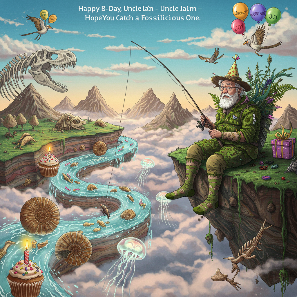 At the top of the illustration image, “Happy B-day, Uncle Iain – Hope You Catch a Fossilicious One!”

**Prompt for the illustration image:**  
A surreal, whimsical birthday-themed illustration of a man with white hair and a short white beard (Uncle Iain) sitting at the edge of a floating island in the sky. He’s dressed in an eccentric fishing outfit made from moss, fern leaves, and trilobite-patterned socks. His fishing rod reaches down into a glowing river of jellyfish and ancient ammonite shells, which spirals through clouds like a stream of prehistoric memories. Fossils pop out of cupcakes floating nearby, and one giant fossilized fish wearing a party hat grins at him from the air. Behind him, surreal rock formations shaped like birthday candles melt slowly into candy-colored geological layers. Strange birds shaped like T. rex bones fly by, holding balloons in their beaks that spell out “Jurassic Joy!”  

Bright, colorful, detailed illustration style – dreamy and offbeat with playful fantasy elements.
Generated with these themes: Man with white hair and short white beard fishing and looking for fossils.
Made with ❤️ by AI.