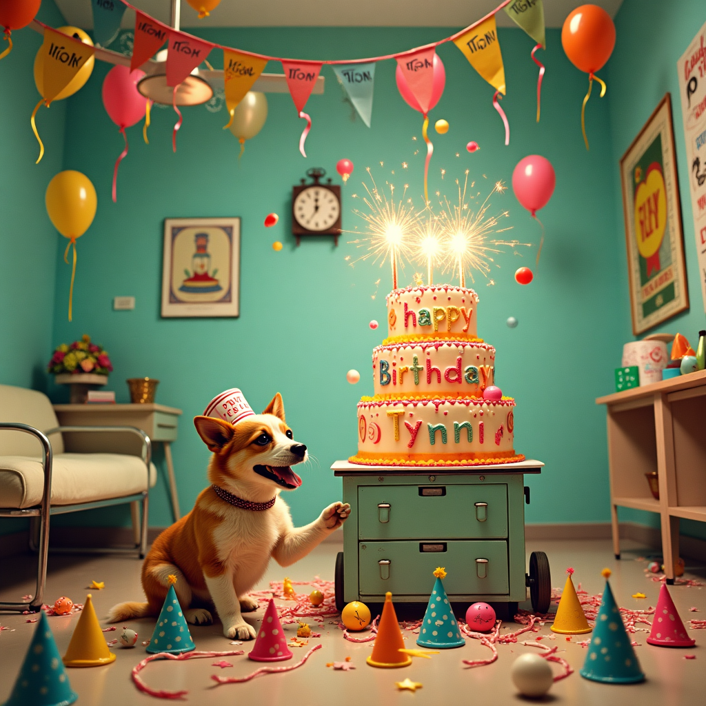 In a whimsical scene that merges the spirited chaos of "One Flew Over the Cuckoo's Nest" with birthday cheer, we find a playful dog at the heart of this tale. The setting is a vibrant, colorful room reminiscent of a retro psychiatric ward, yet bursting with a quirky celebration. The walls are decorated with vivid pastel shades, with vintage-looking posters featuring whimsical doodles reminiscent of Edward Gorey and Quentin Blake. In the foreground, a slightly mischievous dog, sporting a makeshift nurse's cap, is joyfully pawing through a pile of party hats. Its fur is animated, resembling the lively illustrations of Beatrix Potter’s animals. 

The centerpiece of the scene is a cake, an elaborate confectionery marvel straight out of Maxfield Parrish’s colorful imagination, perched precariously on a wheeled medication cart. The cake is whimsically tiered, each layer more flamboyant than the last, and is crowned with a blazing set of sparklers that spell out "Happy Birthday, Tynni!" in a gleaming, sparkly font, the letters playfully shaped like tiny cuckoos. 

Above, an overhead light fixture swings slightly, tangled with streamers and balloons that dance about, much like the chaos often depicted by Arthur Rackham’s animated environments. The balloons are a riot of colors and textures, some with funny faces akin to Maurice Sendak's creatures. A string of paper bunting hangs from the ceiling, with "Tynni" hand-painted in each flag, in the elegant style of Aubrey Beardsley, adding an air of whimsy and sophistication.

In the background, a flock of small birds, inspired by Gustave Doré’s intricate designs, swoops playfully around, as if delivering invisible parcels of joy. A whimsical clock, its hands frozen in mid-tumble like a Salvador Dalí painting, adds to the charmingly chaotic atmosphere. The scene is a joyful jumble of elements, each detail contributing to a birthday celebration that’s as unique and unforgettable as the name “Tynni” cheerfully adorning the center of the card.
Generated with these themes: A dog in the style of one flew over the cuckoo's nest.
Made with ❤️ by AI.