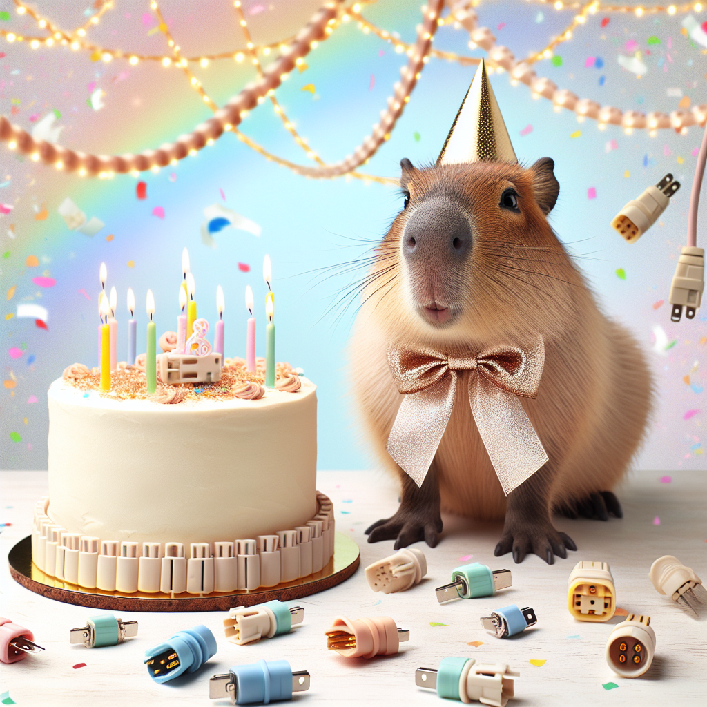 Imagine a cute capybara adorned with a decorative ribbon around its neck, celebrating under a sky filled with soft streaks of birthday confetti. Set before it is a party table with a uniquely themed celebration cake, creatively topped with candle-lit electrical connectors. Enhancing this unique setting, whimsical electrical connector garlands drape across the background, lending a cartoonish and joyful ambiance to the entire birthday scene.
Generated with these themes: Capybara, and Electrical connectors.
Made with ❤️ by AI.