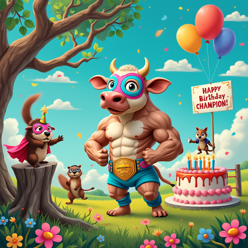The birthday card front cover features a vibrant and whimsical scene that fuses the fantastical and comical styles reminiscent of our inspirational artists. Imagine an open, colorful meadow under a cerulean sky dotted with fluffy, cotton candy-like clouds. At the center of this enchanting meadow stands a jovial cow, dressed in a classic luchador wrestling outfit complete with a neon pink and electric blue mask, adorned with a golden star on the forehead. The cow’s muscular build is exaggerated, with rippling muscles and a championship belt slung over its midsection that reads "Udderly Undefeated."

To the left, perched on a small wooden fence painted in cheerful, pastel colors, are two stoats, each garbed in miniature wrestling attire. One stoat, with a headband and tiny blue shorts, flexes its minuscule arms in a show of strength, while the other, donning a red cape and mask, dramatically gestures as if calling for a challenge.

In the foreground, the lush grass is dotted with oversized, whimsical flowers that have faces and appear to be cheering for the cow and stoats. A curious touch is added with a birthday cake set upon a rustic tree stump, decorated with colorful, animated candles that dance and twirl, seemingly alive with the birthday spirit.

Behind this lively trio, an old wooden wrestling ring is set up, complete with ropes and corner posts painted in primary colors. Within the ring, a large sign hangs from the ropes, bearing the words “Happy Birthday Champion!” in bold, comic-style letters.

Completing the scene, in the background, a mischievous squirrel wearing a referee shirt holds a whistle, sitting atop a gnarled, ancient tree that sports whimsical twists and turns, with its branches almost resembling a twisted frame around the entire scene. Above, colorful balloons and streamers float and twirl in the air, adding a celebratory, festive touch.

This playful and surreal birthday card cover captures the essence of imagination and humor, drawing the viewer into a world where cows wrestle in meadows and stoats become champions, all in the name of celebrating a special day.
Generated with these themes: Cow, Wrestling, and Stoats.
Made with ❤️ by AI.
