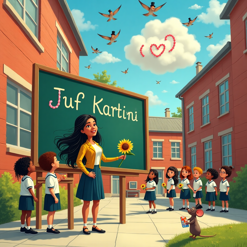 The scene unfolds in a whimsical schoolyard, vibrant with the hues of a sunny afternoon. At the center, a middle-aged woman with light brown skin and long black hair sprinkled with silver stands by a towering chalkboard. Her hair dances gently in the breeze, caught in mid-teaching. This is Juf Kartini, an inspiring teacher, her name elegantly written in colorful chalk atop the board, reminiscent of a majestic mural by Quentin Blake.

In the foreground, a group of children of varied backgrounds, a homage to Norman Rockwell's diverse portraits, are gathered around her, each holding oversized flowers. The flowers are playful, bursting with colors like those from a Beatrix Potter illustration, contrasting with their neatly uniformed school attire. One child mischievously extends a sunflower towards Juf Kartini, its petals almost tickling her cheek.

In the background, the classic red brick school building, styled with the detailed intricacy of an Arthur Rackham illustration, casts long shadows. Above, a flock of comical birds, each wearing tiny hats, reminiscent of Edward Gorey's eccentric characters, swoops in the sky forming letters that spell out "Juf Kartini." A fluffy cloud shaped like a cartoonish heart hovers above, casting a soft shadow on the scene below, adding a whimsical touch inspired by Maxfield Parrish’s dreamy atmospheres.

In the corners of the scene, hints of Maurice Sendak's fantastical elements peek through; a tiny dragonfly dressed in a top hat and monocle flits by, observing the heartfelt homage with curiosity. A small mouse with an artist's palette paints the edge of the scene, its tiny masterpiece paying tribute to the joy and gratitude flowing from this delightful tableau. This lively illustration captures the essence of a heartfelt yet humorous sympathy card, celebrating the cherished teacher with vibrant whimsy.
Generated with these themes: Middelaged woman, light brown skin, black long hair little grey, , Teacher, Children, and School.
Made with ❤️ by AI.