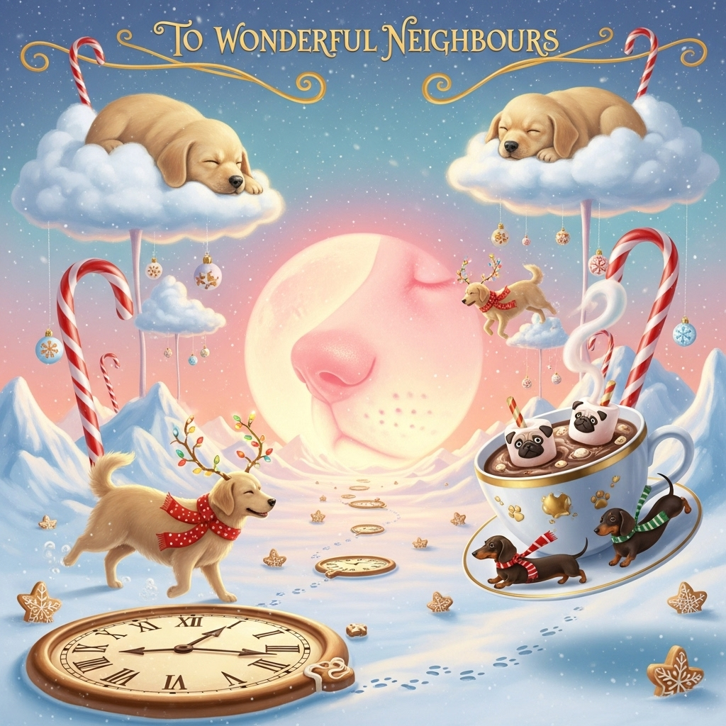At the top of the Surreal Style image, write in whimsical, curling golden letters: **To Wonderful Neighbours**.  

A dreamlike, snowy wonderland where enormous candy canes sprout from clouds shaped like sleeping puppies, and gentle golden retrievers with antlers made of twinkling Christmas lights float through the air as if swimming in a soft sea of snowflakes. The ground is an endless melting clock-face made of gingerbread, with tiny paw prints walking into the horizon. In the distance, a giant moon shaped like a dog’s nose glows warm and pink, casting an ethereal shimmer over the scene. Snowflakes drift down, but each flake is a miniature Christmas ornament reflecting the surreal landscape. A giant teacup, filled with hot chocolate and marshmallows shaped like pugs, hovers mid-air while dachshunds wrapped in scarves chase each other along its rim. The entire scene glows with soft pastel pinks, icy blues, and warm golds, creating a magical, cute, and slightly bizarre Christmas dreamscape.  

Would you like me to now also create **three alternative surreal cute dog Christmas card prompts** in case you want a set?
Generated with these themes: Dogs, and .
Made with ❤️ by AI.