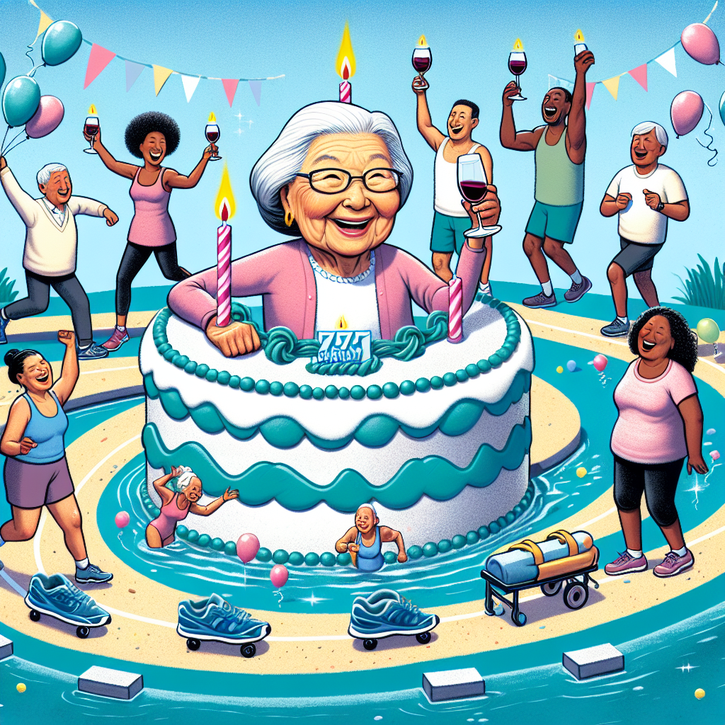 Female, 77 years old, Long distance walker, Red wine, and Aqua aerobics Birthday Card