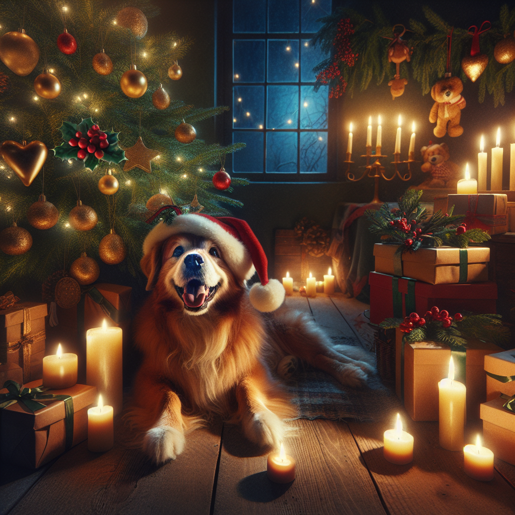 A heartwarming Christmas illustration featuring a cheerful dog sitting beside a decorated tree, a festive hat perched upon its head. Soft candlelight bathes the scene, highlighting the symbols of love, like carefully wrapped gifts and a mistletoe, creating a cozy and inviting atmosphere.
Generated with these themes: tree dog hat candle love.
Made with ❤️ by AI.