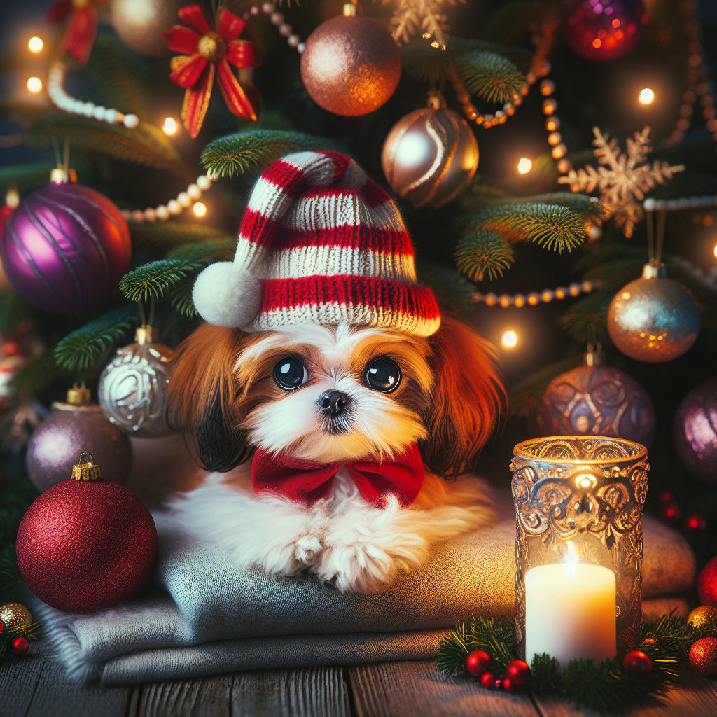 Imagine a quaint illustration where a cute, small dog with big eyes is donning a red and white striped hat, lying under a grand Christmas tree filled with colorful baubles. Soft candlelight flutters nearby, and the whole scene is wrapped in a sensation of love and holiday cheer.
Generated with these themes: tree dog hat candle love.
Made with ❤️ by AI.