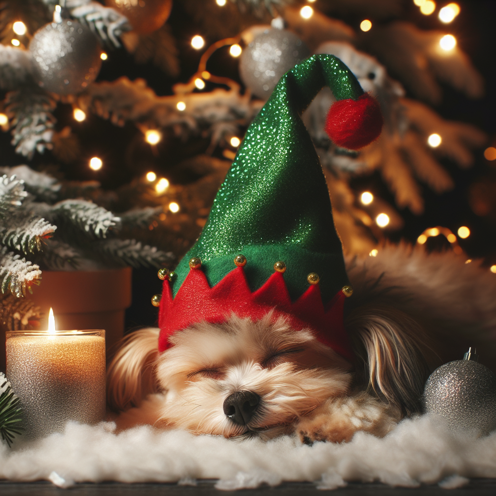 The scene is set with a playful pup, sporting an elfish hat, lounging contentedly by a snowy Christmas tree bedecked in lights. A candle flickers nearby, casting a serene glow over the setting, and the spirit of love is almost tangible amidst the joyous holiday trimmings.
Generated with these themes: tree dog hat candle love.
Made with ❤️ by AI.