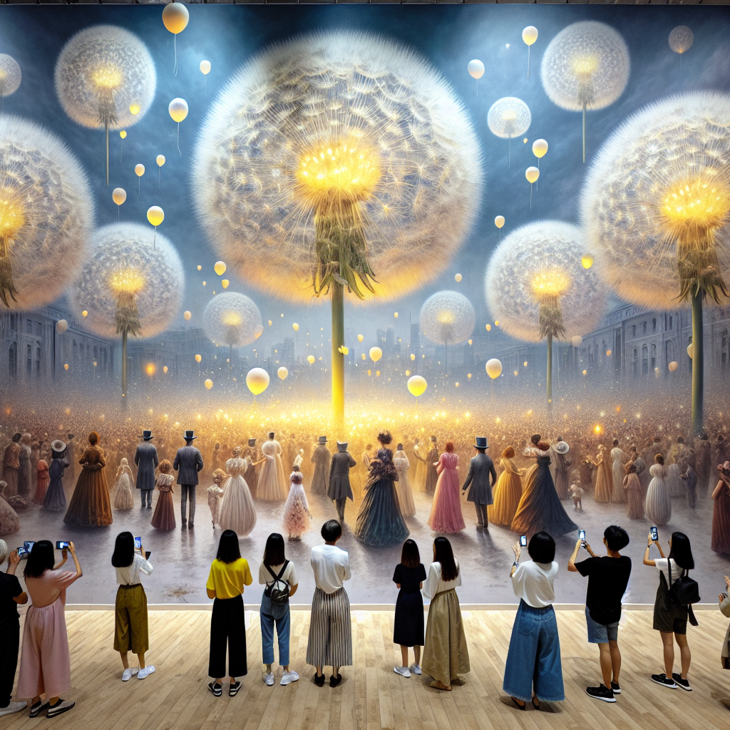 Create an image featuring a large, hyper-realistic mural covering an entire wall. This painting showcases a scene where conventional rules of physics and proportion are humorously set aside. Visualize enormous dandelion puffs with delicate yellow details functioning as whimsical lighting fixtures. From these lights, smaller balloons seem to be breaking free, floating towards a ceiling depicted as the sky. The viewers in the scene, who appear to be guests at a birthday celebration, are decked in attire which is a mix of old-fashioned and future-inspired elements, blurring temporal boundaries and turning ordinary into extraordinary.
Generated with these themes: Yellow.
Made with ❤️ by AI.