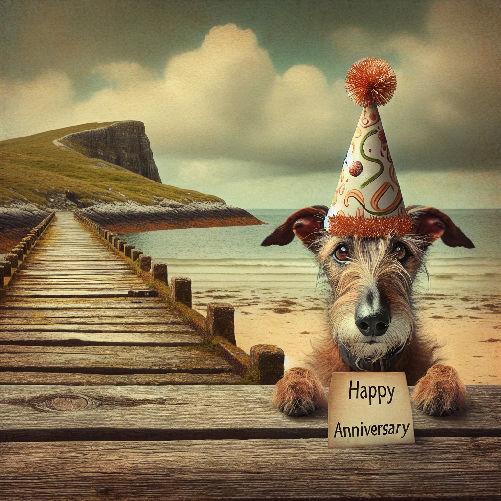 Illustrate a whimsical anniversary picture set by the sea. The setting includes an old, weathered wooden boardwalk, whose rugged texture conveys a rustic charm. Showing a sense of amusement and perplexity is a brown Lurcher dog, adorned with a tiny, festively designed party hat that is set askew. This humorous tableau set against the tranquil seaside backdrop adds an unexpected element of humor to the otherwise romantic coastal scene, making it an ideal accompaniment for a couple known for their shared love of laughter.
Generated with these themes: Wood seaside brown lurcher.
Made with ❤️ by AI.